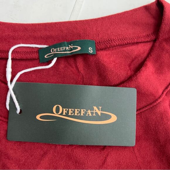 New OFEEFAN Crewneck Sweatshirts Cable Knit Sleeve Lightweight Brick Red Women’s - Picture 10 of 12